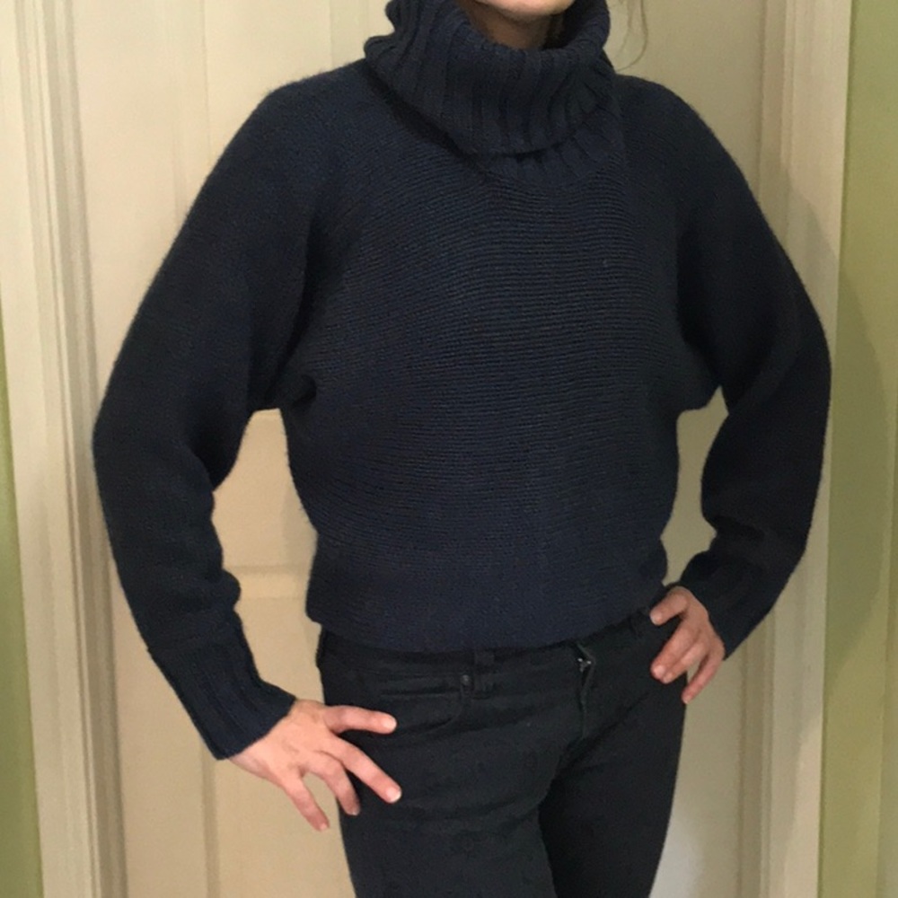 Navy oversized, cropped dolman sleeve turtleneck sweater